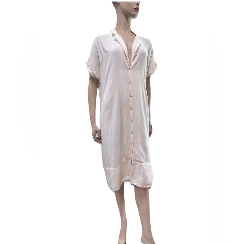 SIMPLE Cream Midi Dress with Short Sleeves and Classic Collar